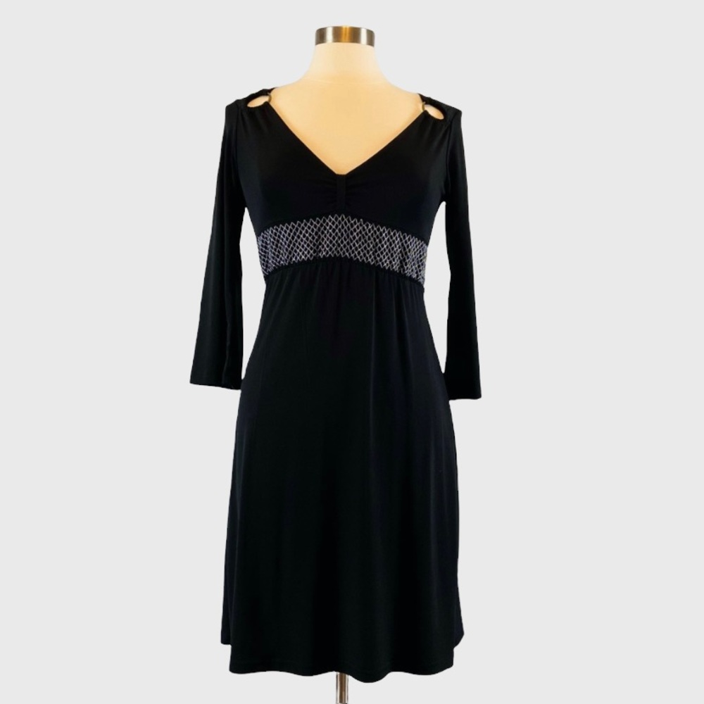 BCBGMaxAzria Black V Neck Metallic Waist Dress Small